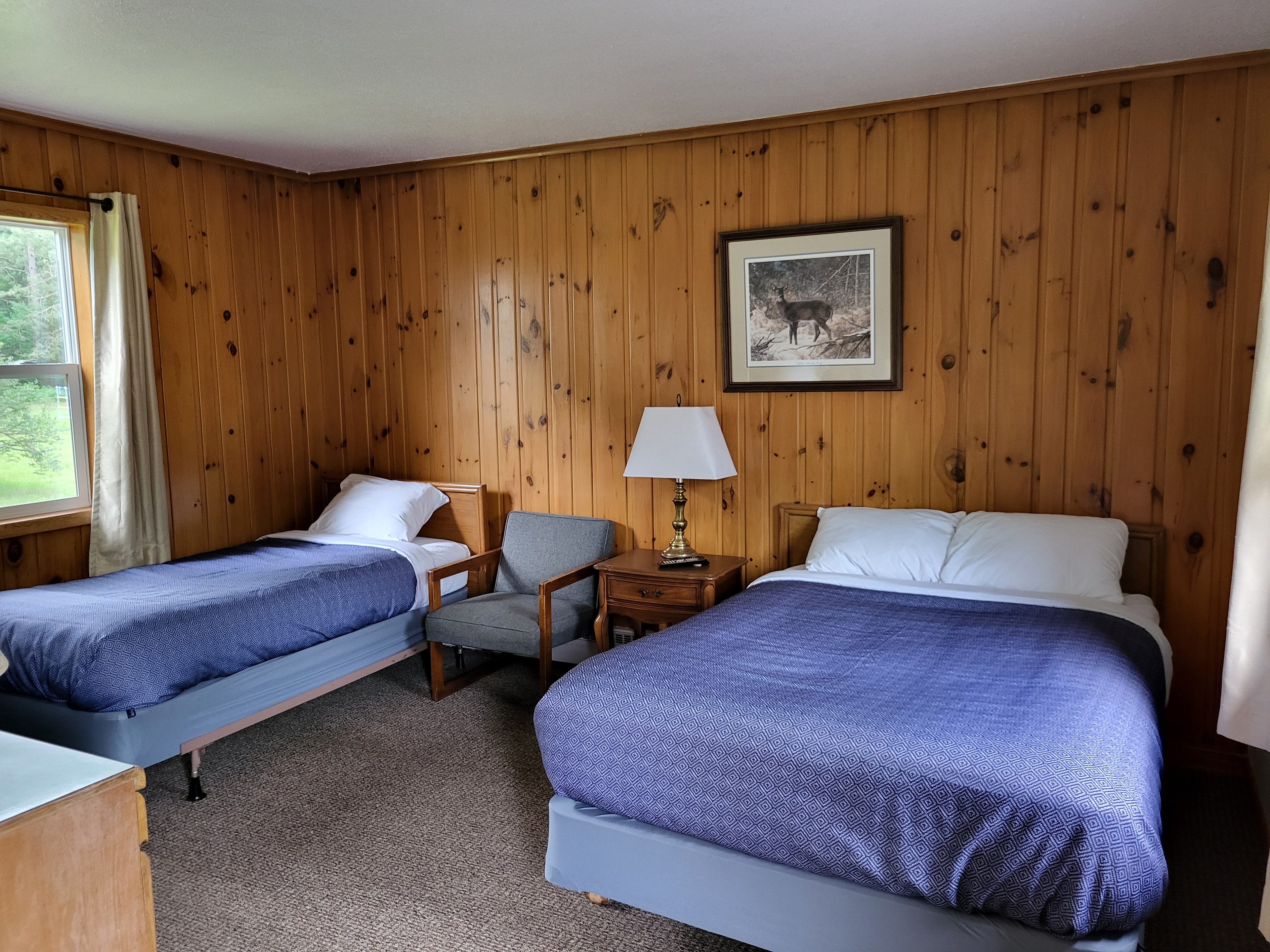 Pine Wood Motel Room 12 — two beds with nature decor