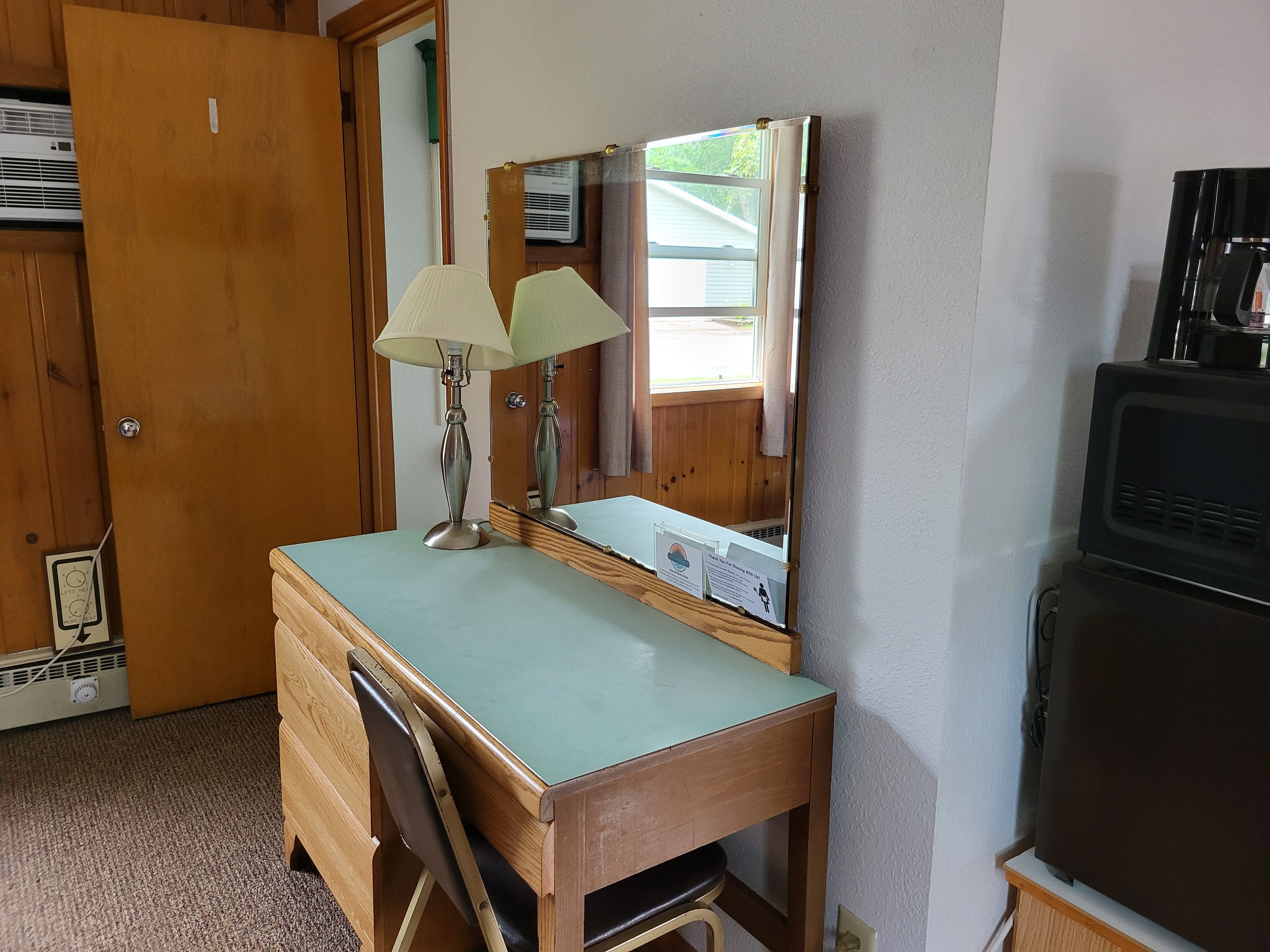 Pine Wood Motel Room 3 — nightstand and lamp